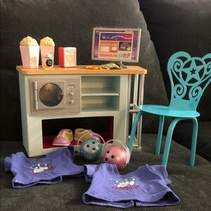 American Girl Doll Kitchen Set with Blue Chair and Purple Shirts